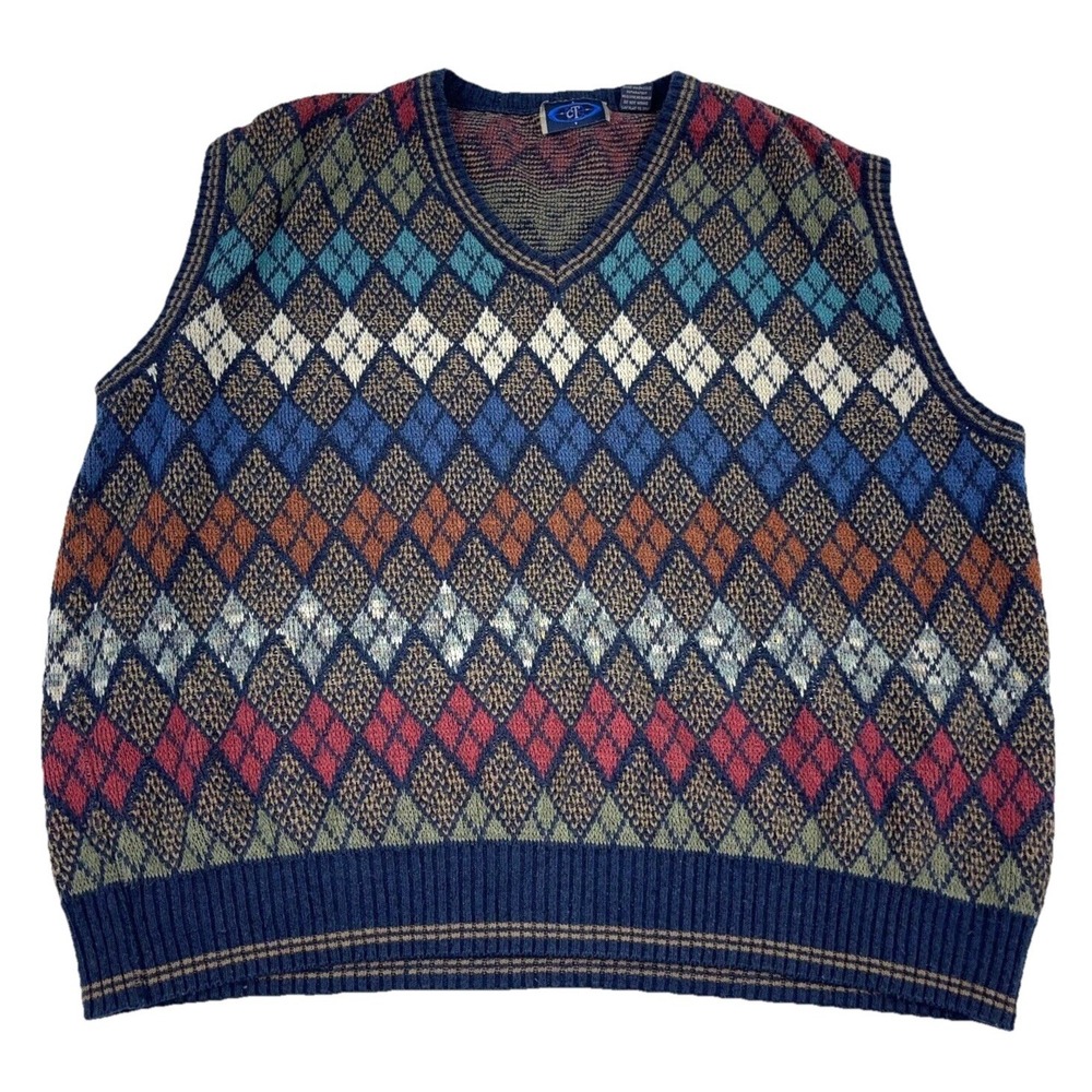 Vintage Sweater Vest Men Large Blue Red Grandpa V Neck‎ Diamond Golf Adult 90s